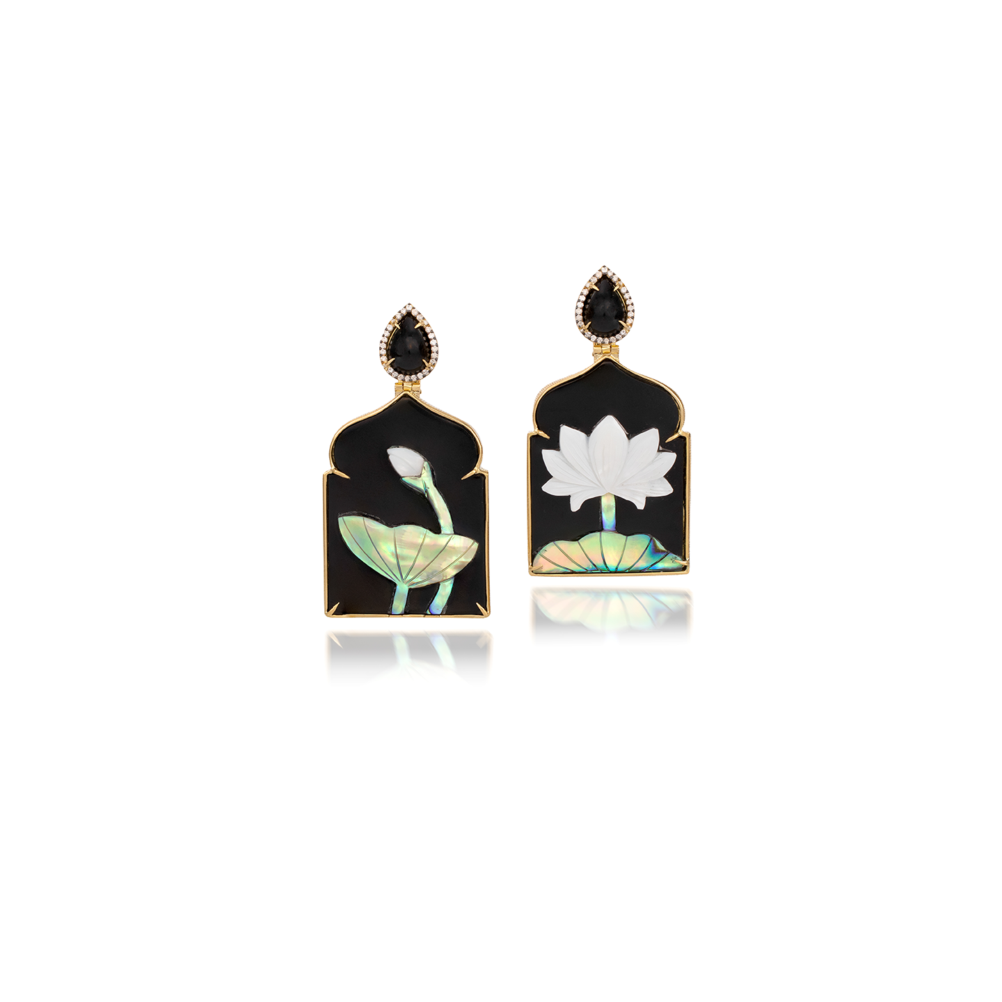 Silvia Furmanovich Onyx Lotus Earrings with Mother of Pearl, Abalone, and Diamond