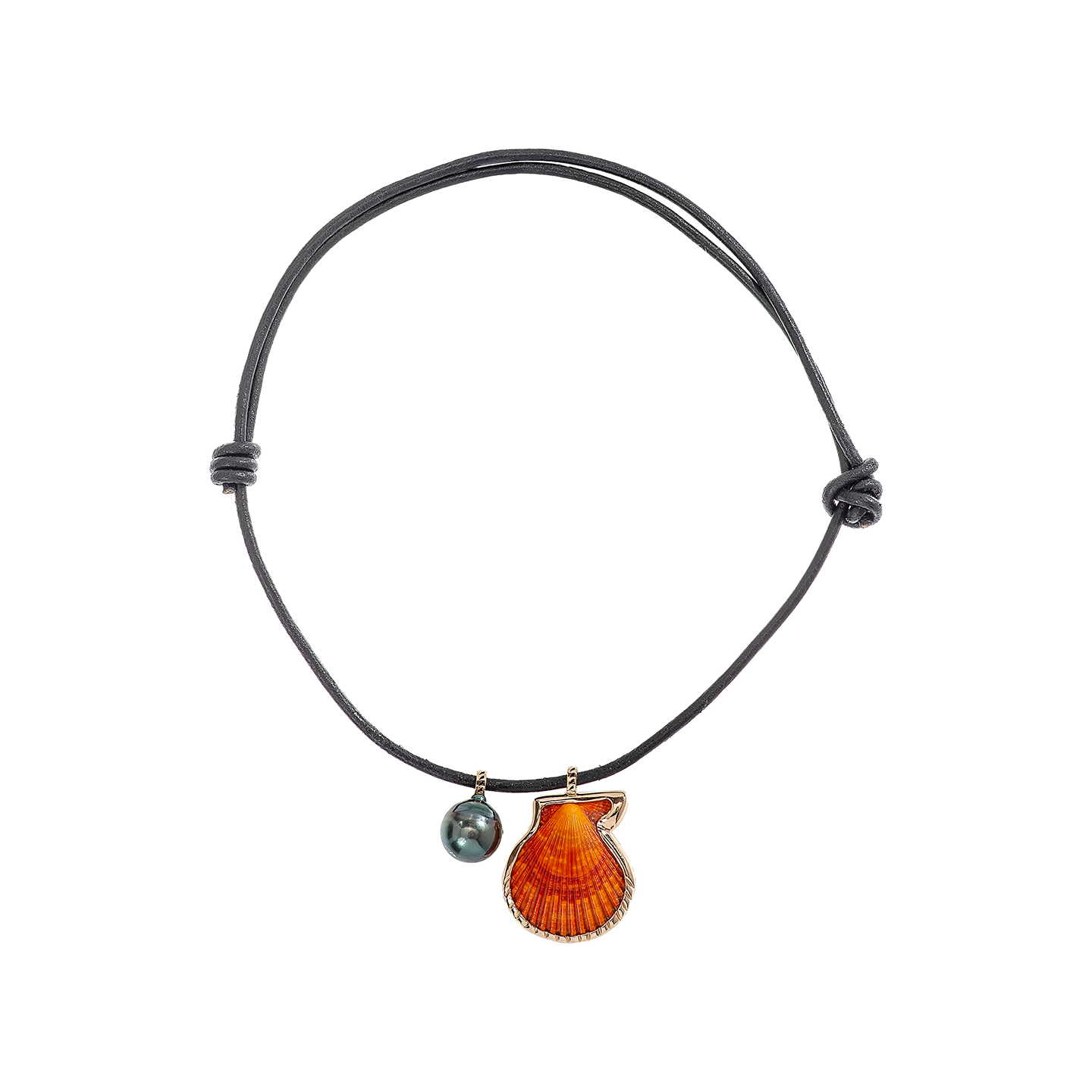 Dezso Leather Cord Necklace with Grande Natural Clam Shell Charm and One-of-a-Kind Grey Pearl Pendant