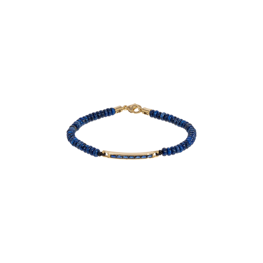Luis Morais Medium Link ID Bar with Blue Sapphire Baguettes on Lapis Beaded Bracelet