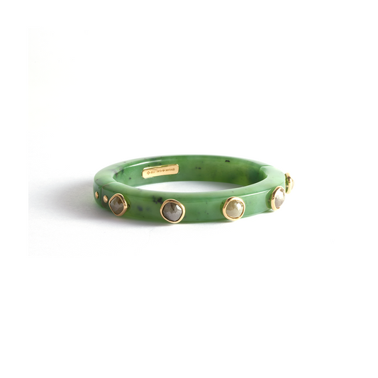 Sylva & Cie Green Jade Bangle with Rough Cut Diamonds