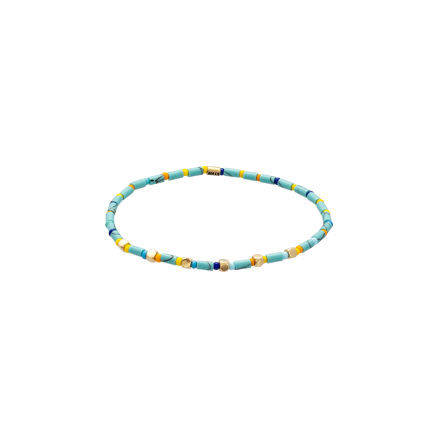 Six 14k Yellow Gold Mini Tetras on Turquoise-Colored Beaded Bracelet