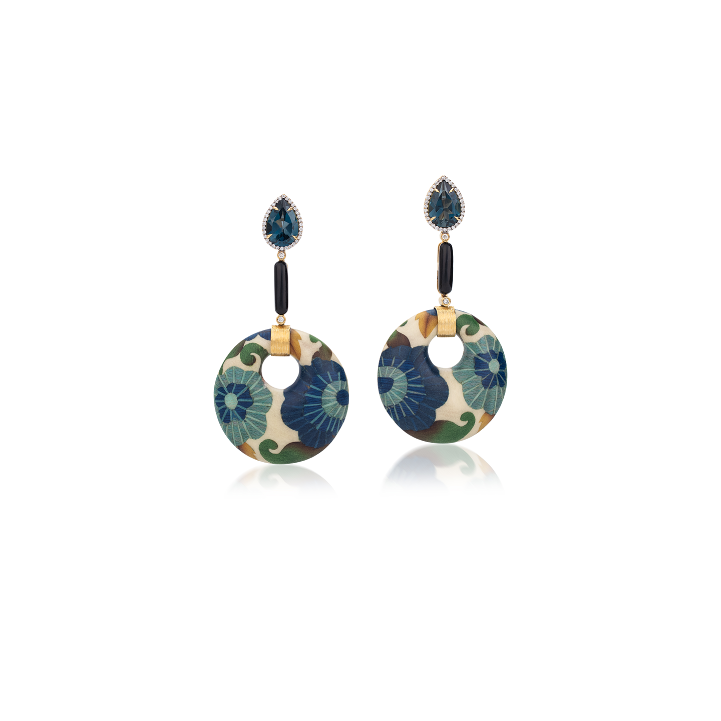 Silvia Furmanovich Marquetry Flower Motif Earrings with Diamond, London Topaz, and Ceramic