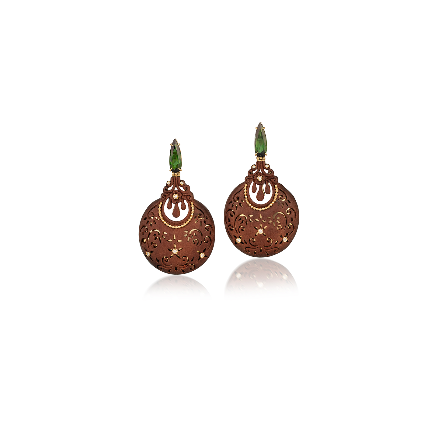 Silvia Furmanovich Carved Wood Earrings with Green Tourmaline and Diamond