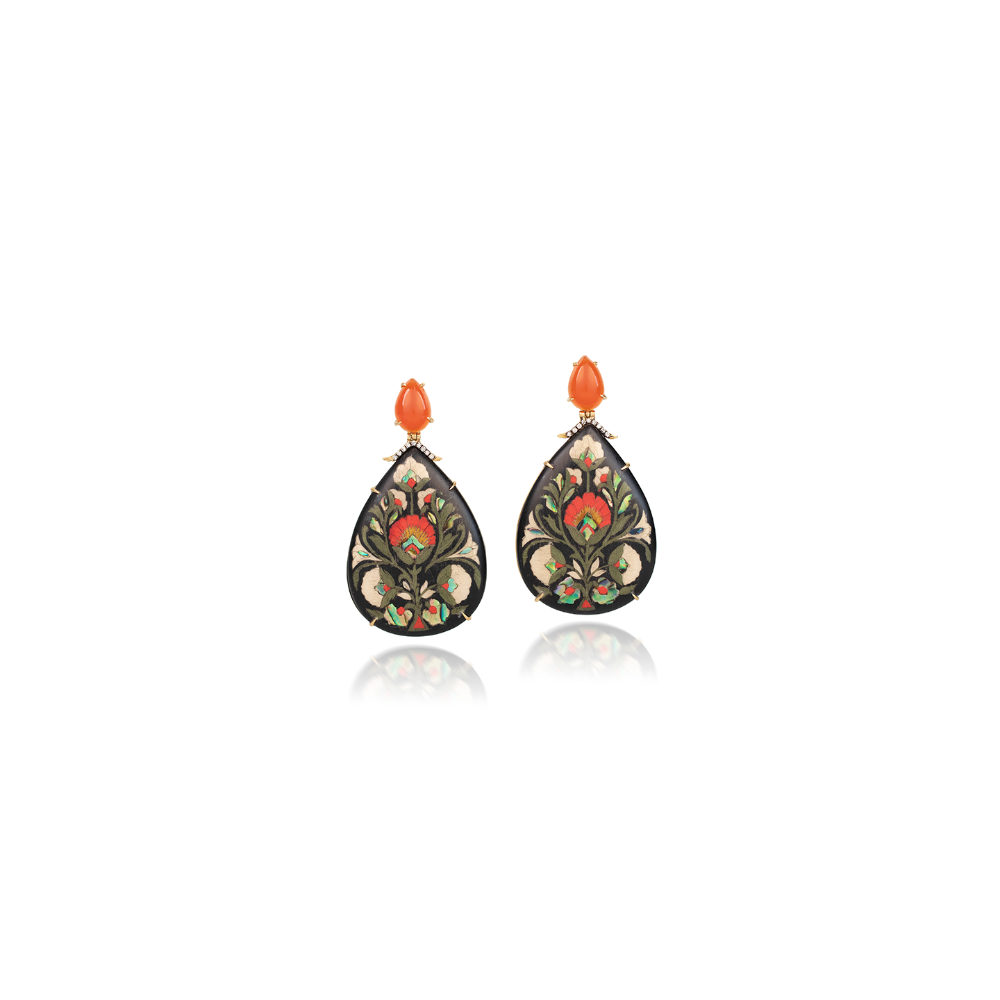 Silvia Furmanovich Marquetry Teardrop Earrings with Flower Print, Diamonds, and Carnelian