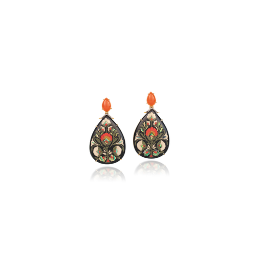 Silvia Furmanovich Marquetry Teardrop Earrings with Flower Print, Diamonds, and Carnelian