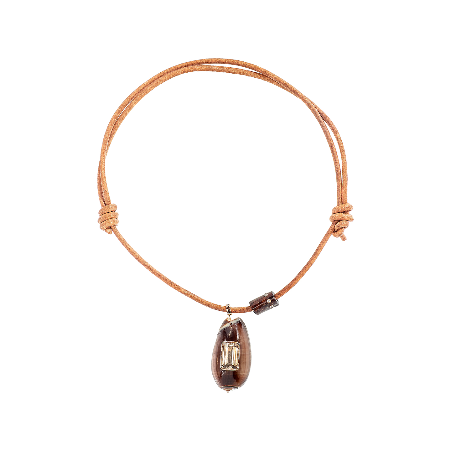 Dezso Leather Cord Necklace with Sanaya Brown Shell Charm and Fossil Agate Diamond Bead