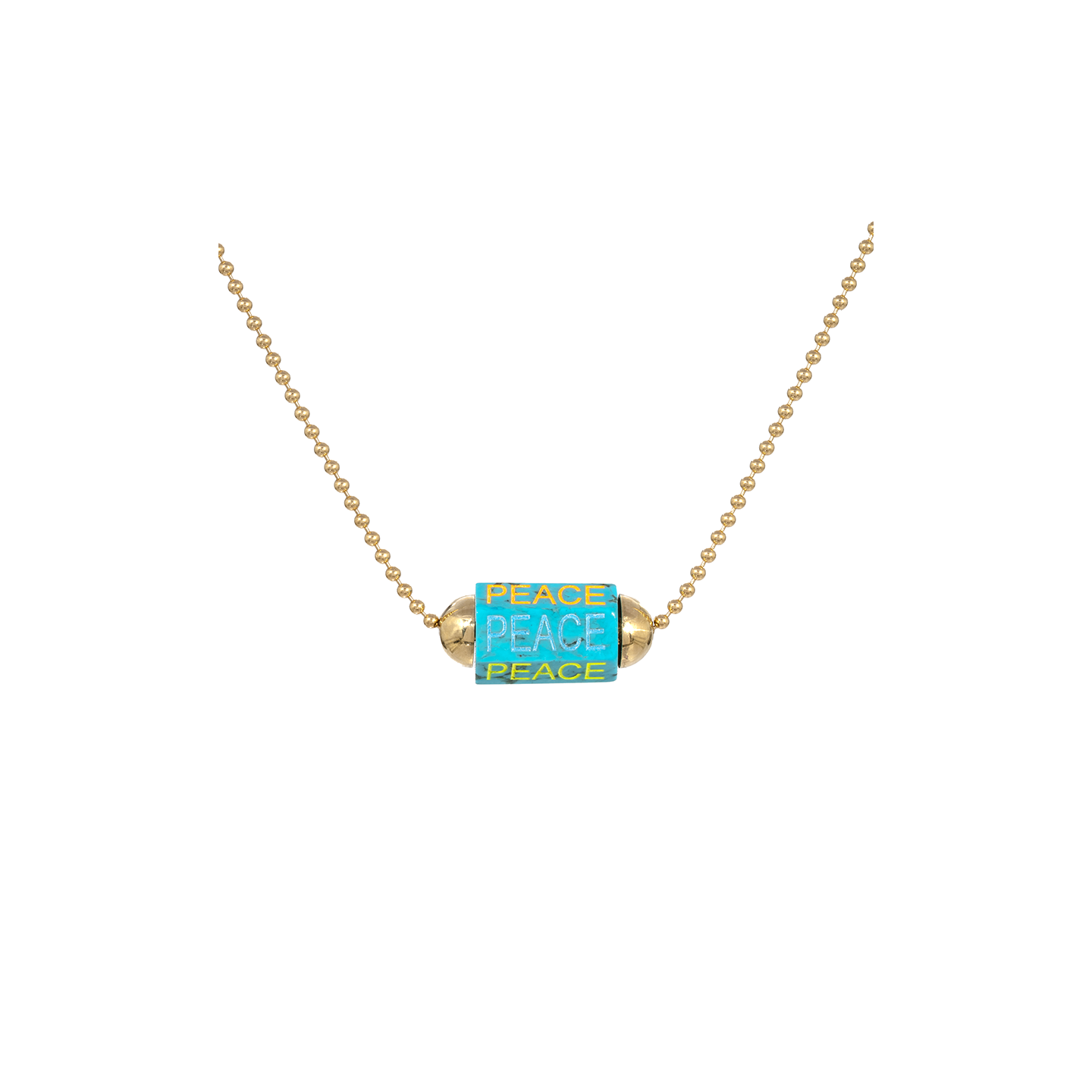 Luis Morais Hexagon Turquoise Bolt Bead Enameled and Carved 'Peace' Ball Chain Necklace