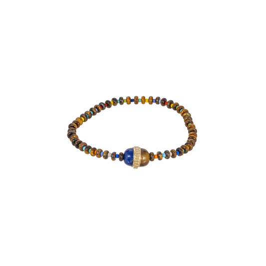 Luis Morais Gemstone Beaded Bracelet with Gold Ribbed Vertical Collar on Duo Cabochon Lapis and Tigers Eye Bead