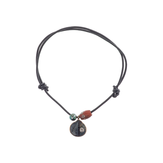 Dezso Leather Cord Necklace with Carved Onyx Venus Shell Charm, Agate Garnet Bead, and Grey Pearl Bead