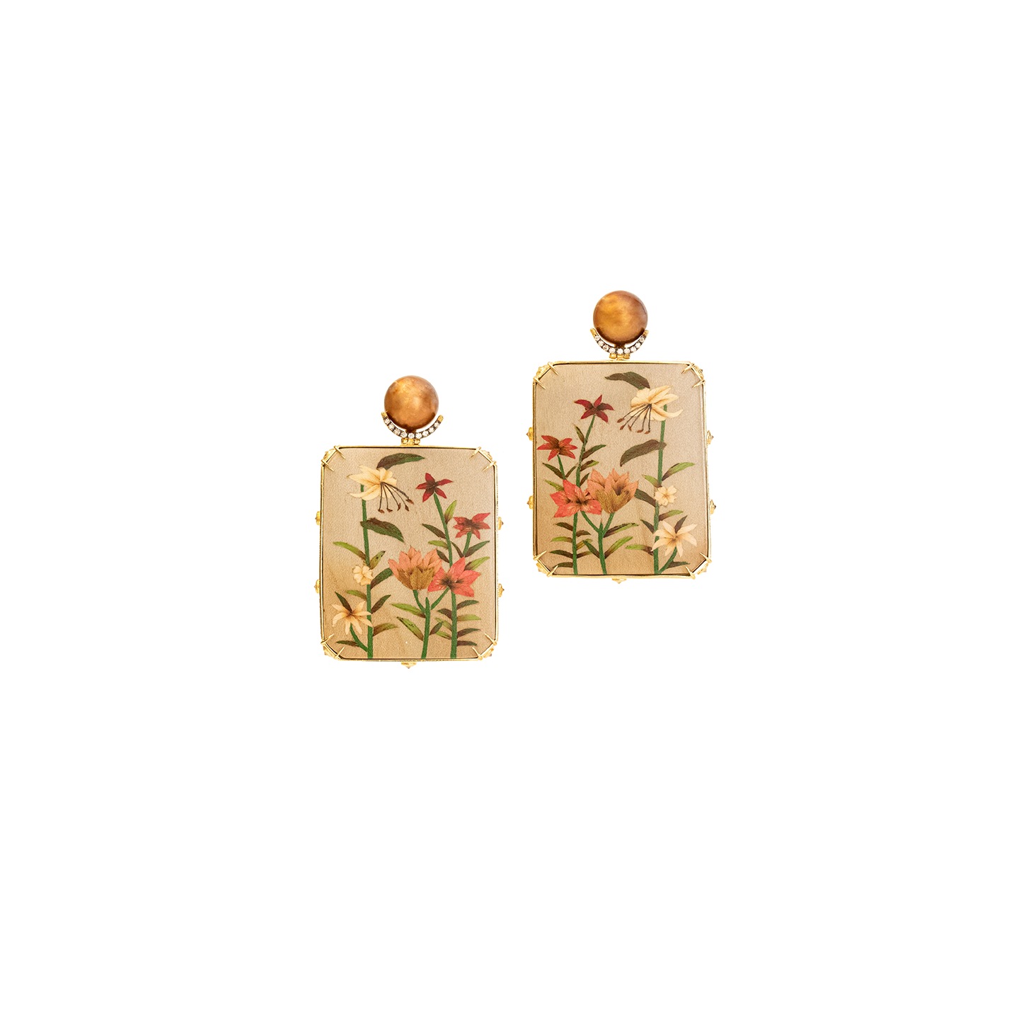Silvia Furmanovich Marquetry Floral Earrings with Brown South Sea Pearl