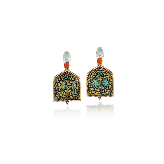 Silvia Furmanovich Paper Mâché Floral Pattern Earrings with Diamond, Sky Topaz, and Fire Opal