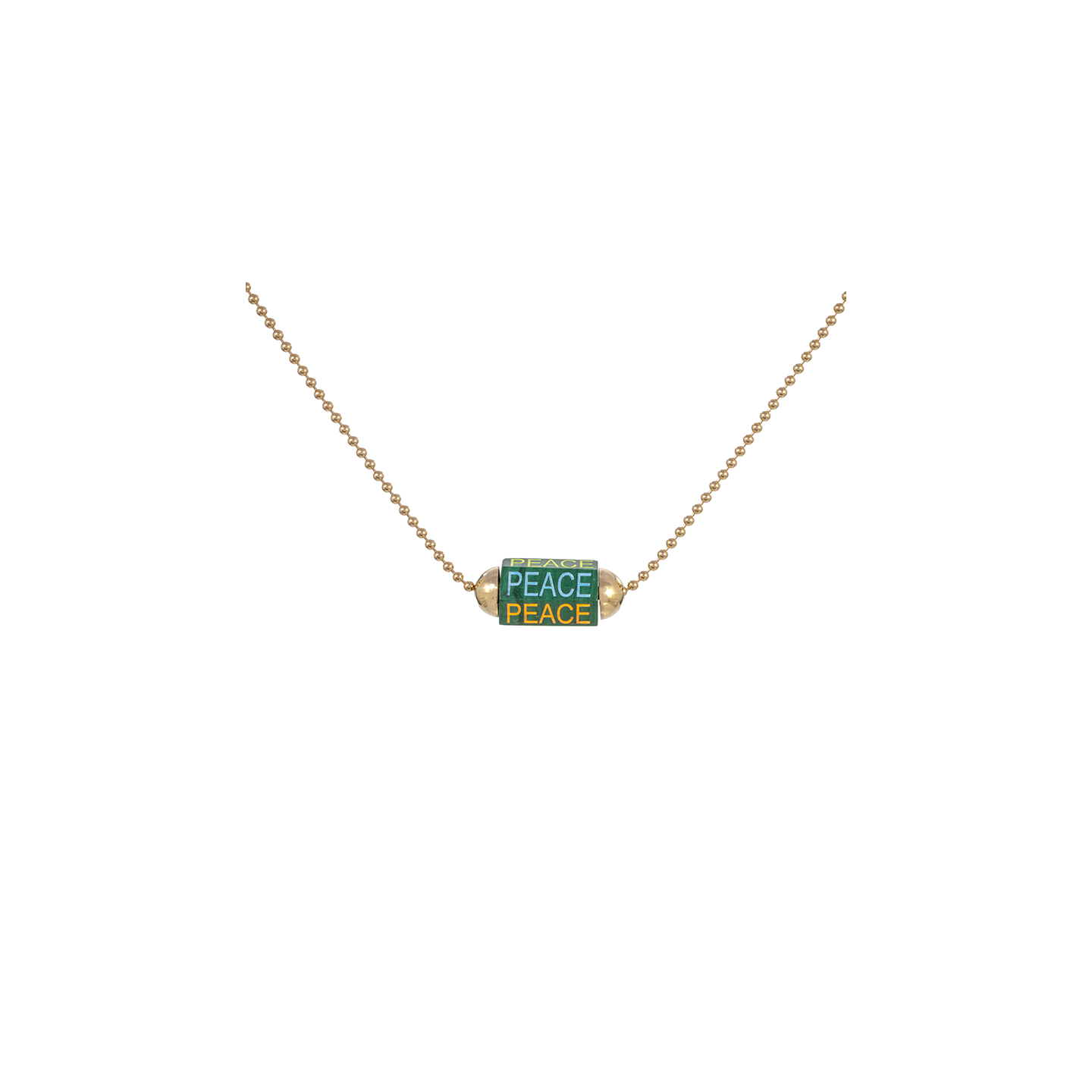 Luis Morais Hexagon Malachite Bolt Bead Enameled and Carved 'Peace' Ball Chain Necklace