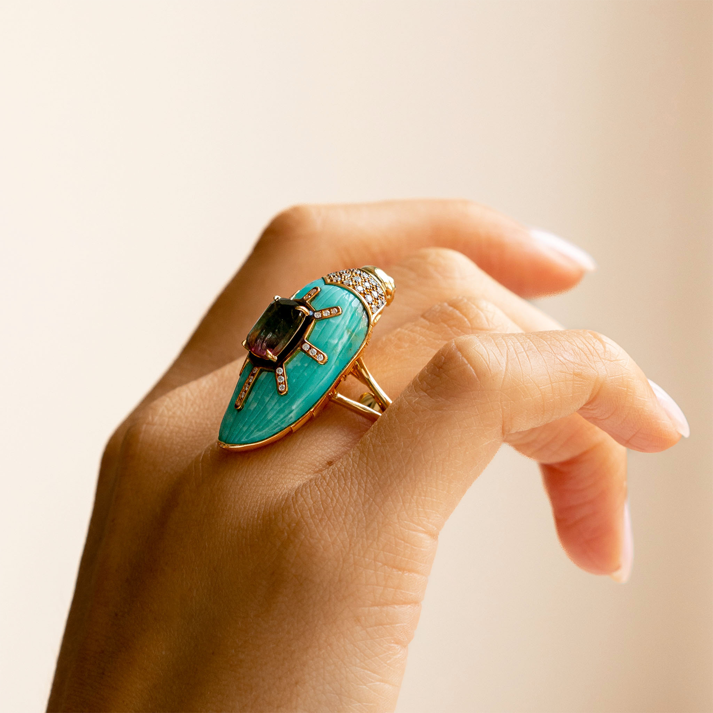 Bibi Van Der Velden Scarab Turquoise Ring with Watermelon Tourmaline
