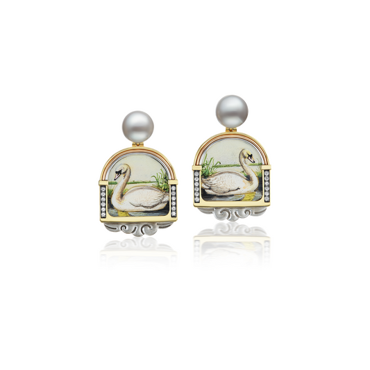 Silvia Furmanovich Quintessence Miniature Painting Swan Earrings with Diamond and Grey Pearl