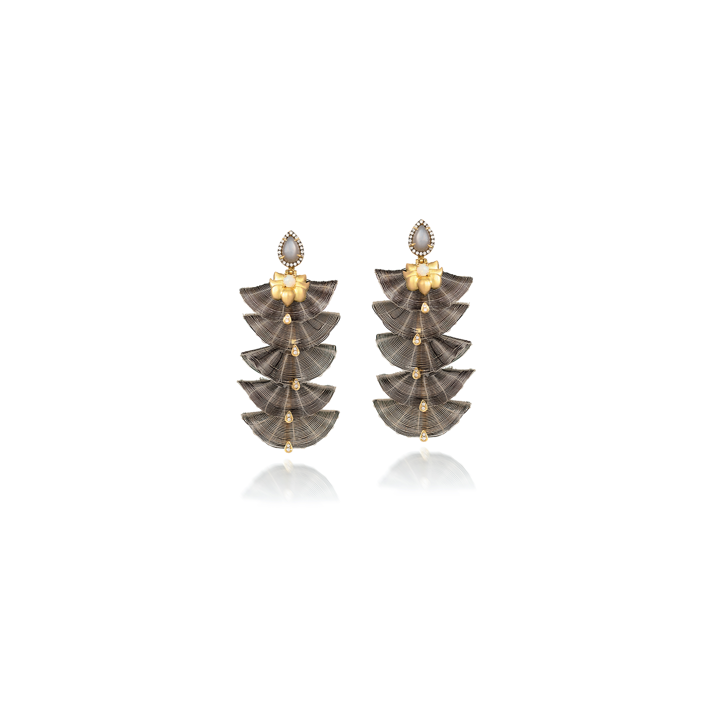 Silvia Furmanovich Tiered Horse Mane Earrings with Grey Moonstone, Opal, and Diamond
