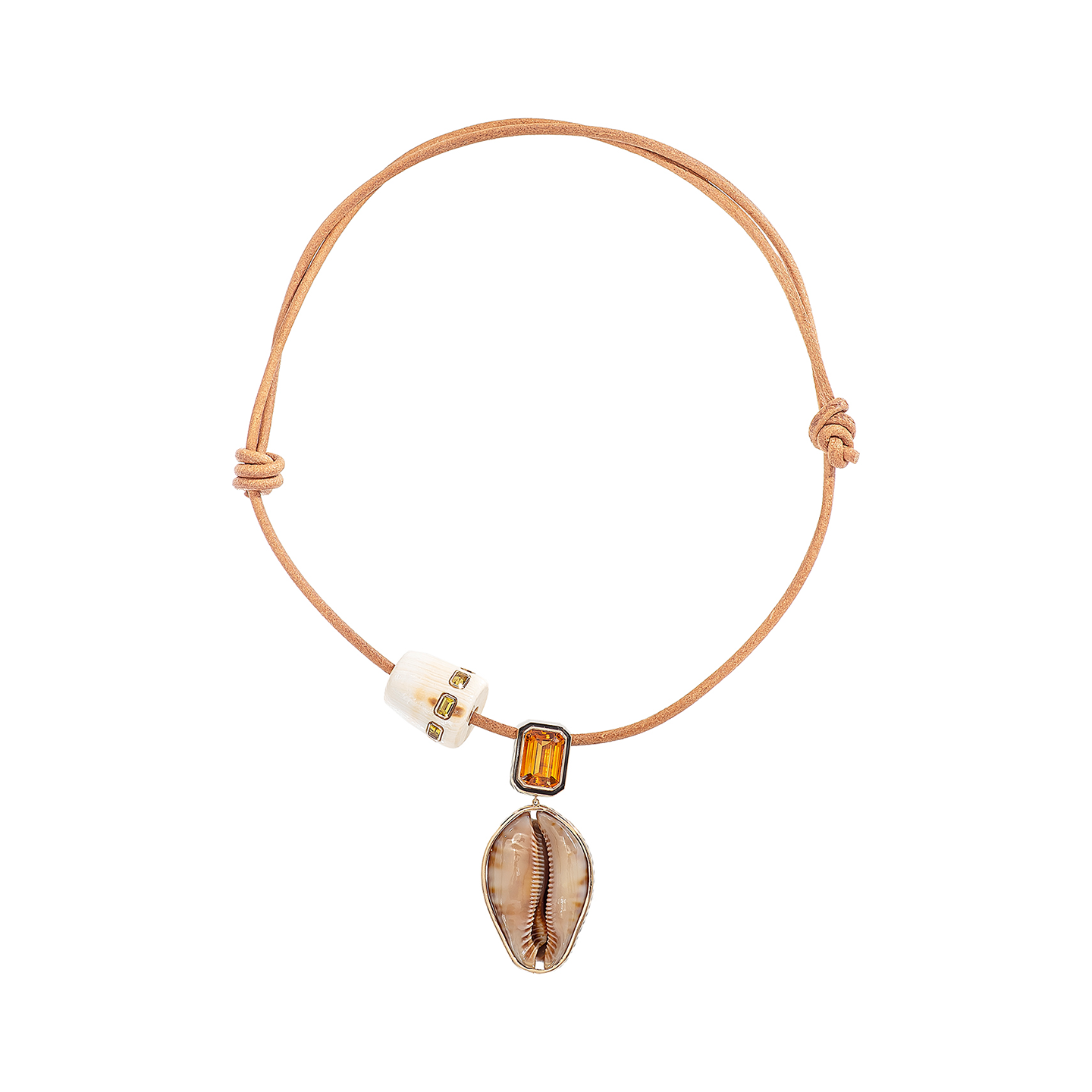 Dezso Leather Cord Necklace with Grande Cowry Shell with Citrine and Scapolite Shell Bead