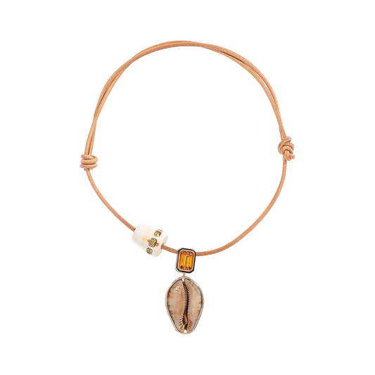 Dezso Leather Cord Necklace with Grande Cowry Shell with Citrine and Scapolite Shell Bead