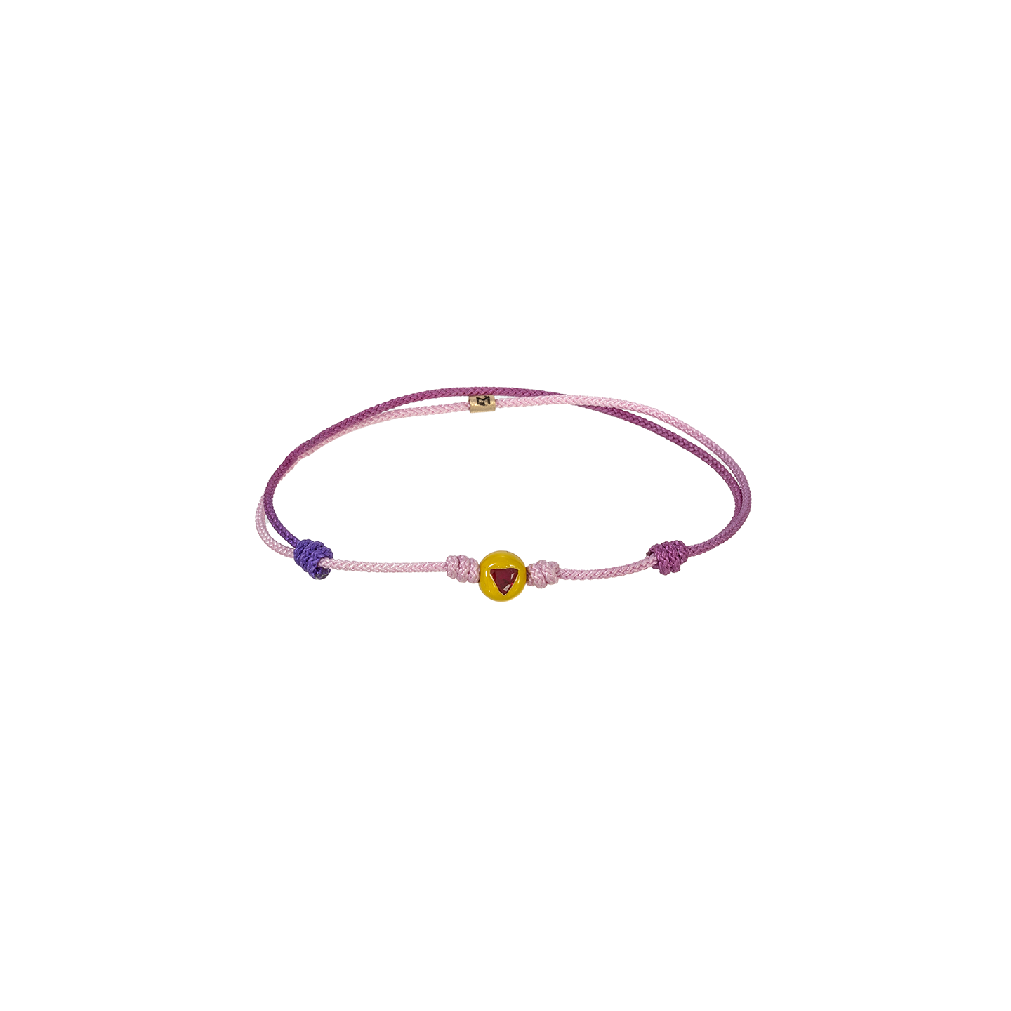 Luis Morais Large Gold Yellow Enameled Ball Bead with Ruby Trillion On Purple Ombre Cord Bracelet