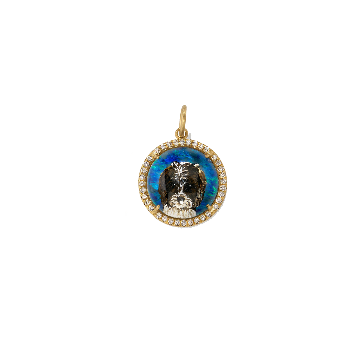 Irene Neuwirth Custom Pet Portrait Round Charm- Diamond Pave Frame with Opal Backing