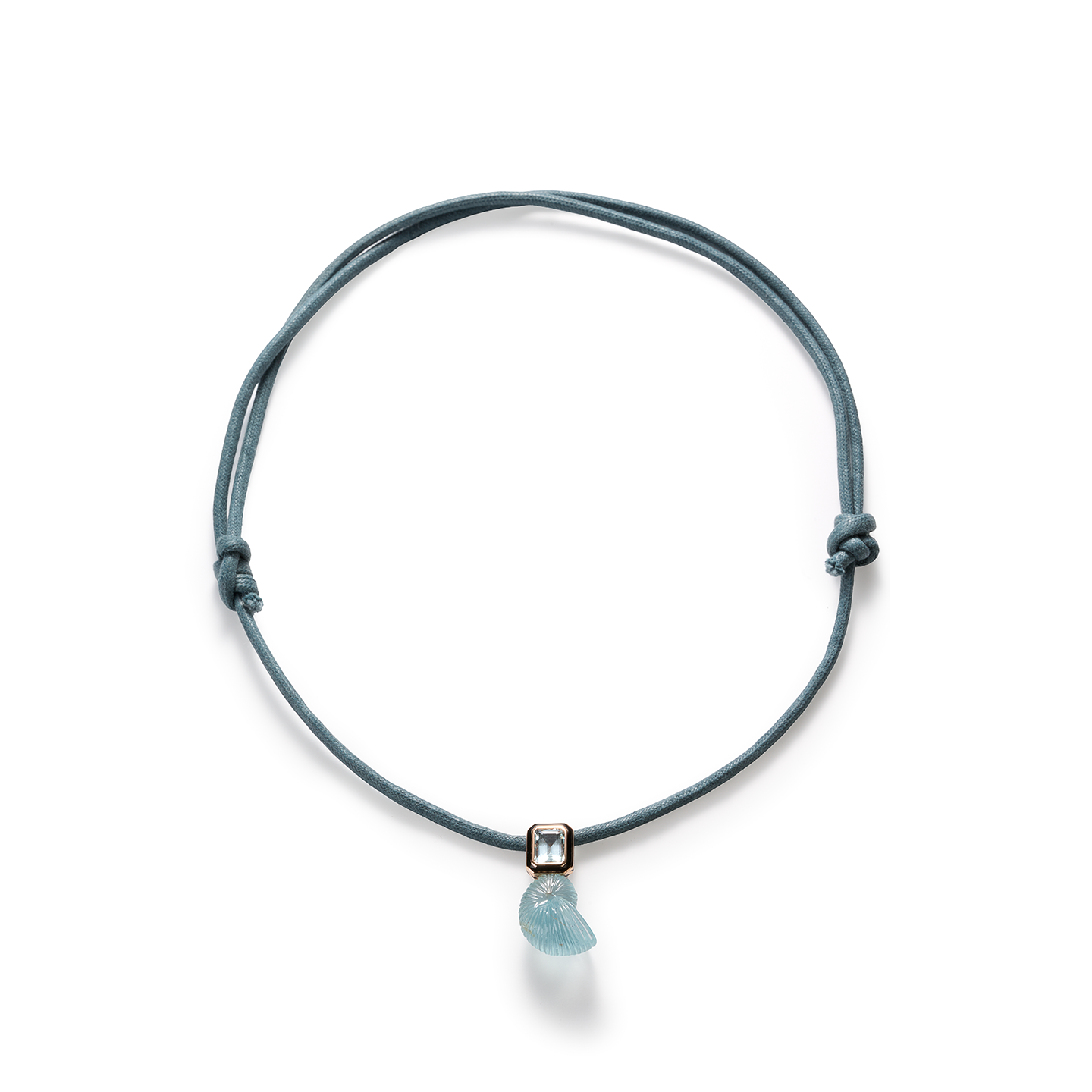 Dezso Petite Carved Aquamarine Nautilus Shell with Emerald Cut Aquamarine on Cord