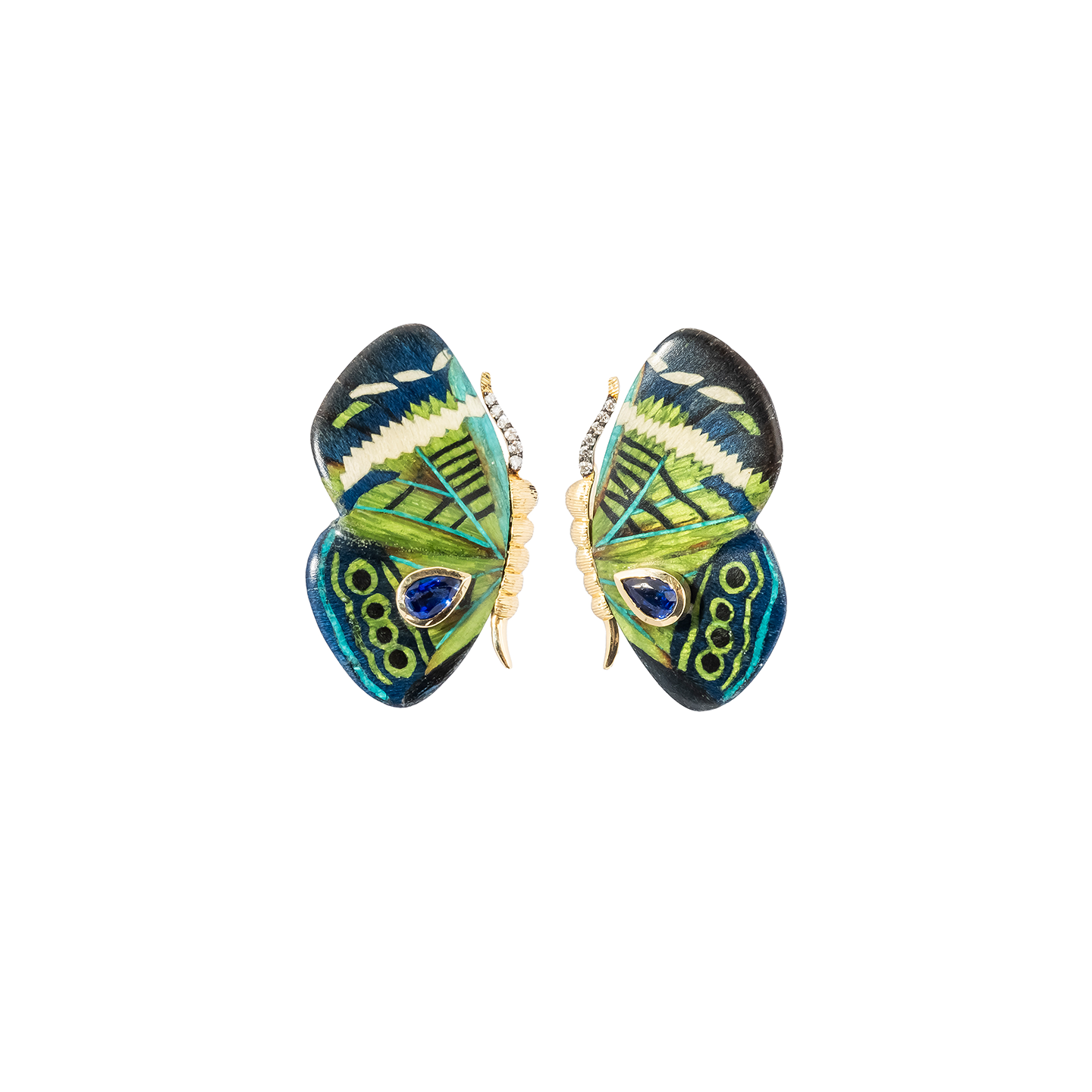 Silvia Furmanovich Mini Butterfly Marquetry Earrings with Diamonds and Kyanite