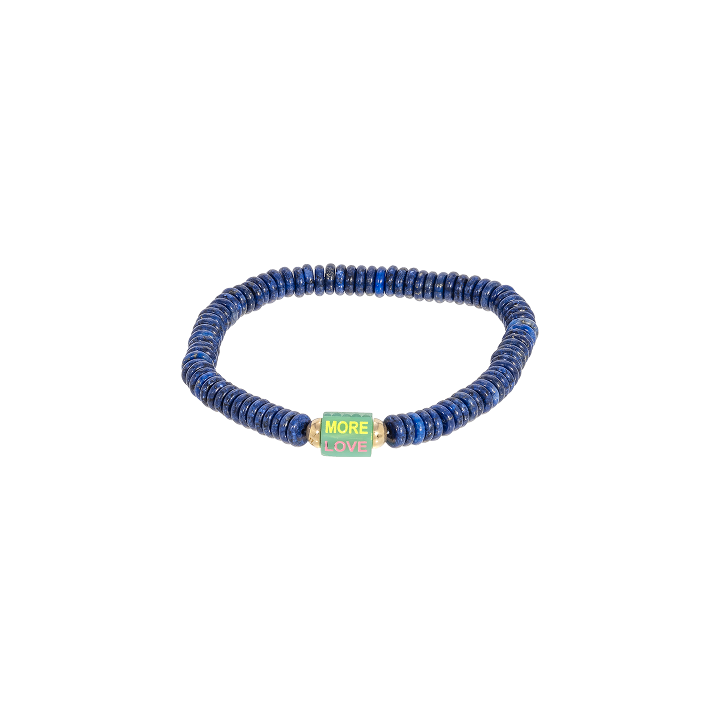 Luis Morais Medium Hexagon Chrysoprase Bolt Bead with Carved and Enameled 'More Love' On Gemstone Beaded Bracelet