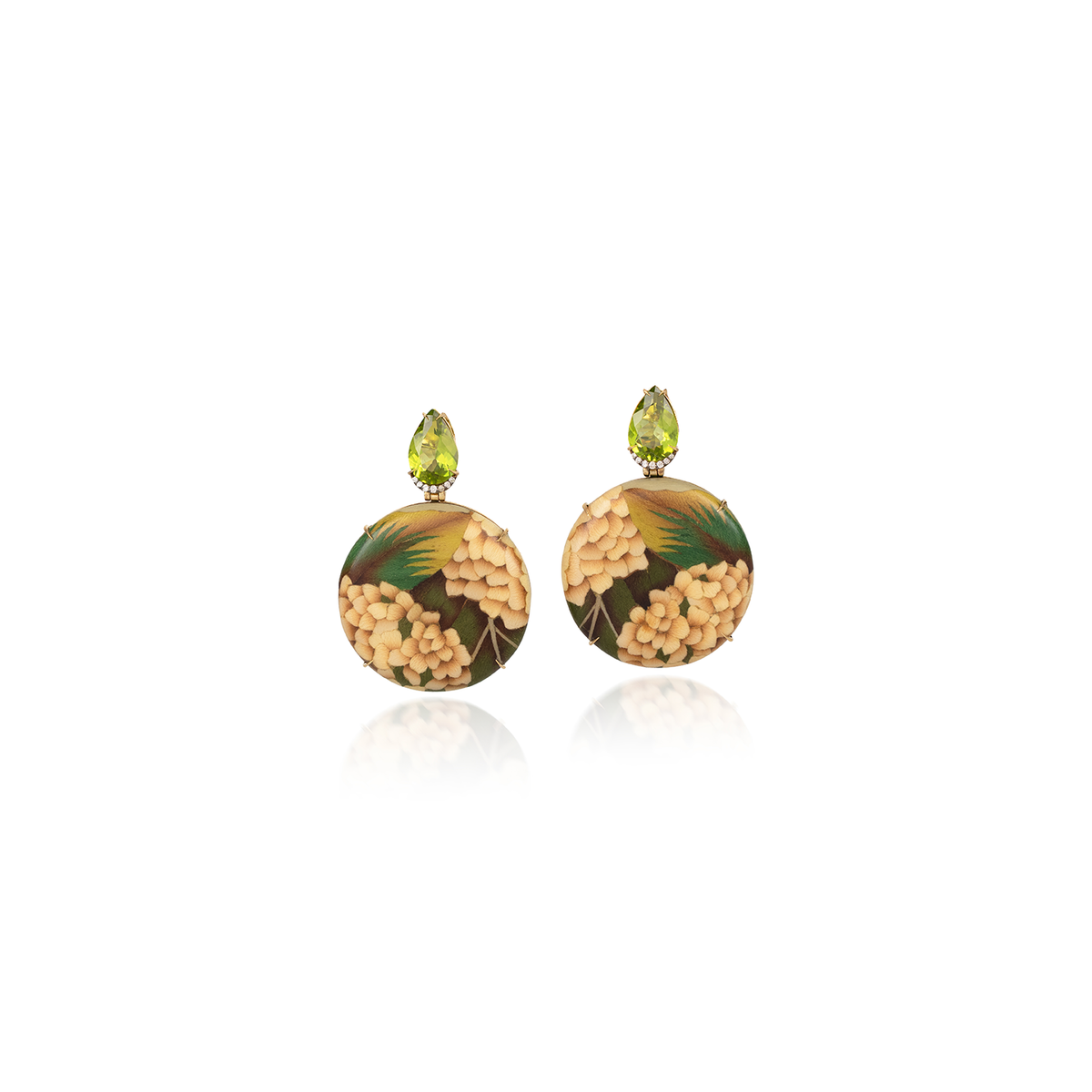 Silvia Furmanovich Round Marquetry White Orchid Earrings with Diamond and Peridot