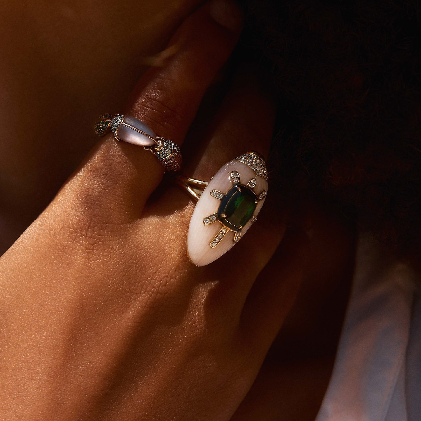 Bibi Van Der Velden Pink Opal Scarab Ring with Green Tourmaline