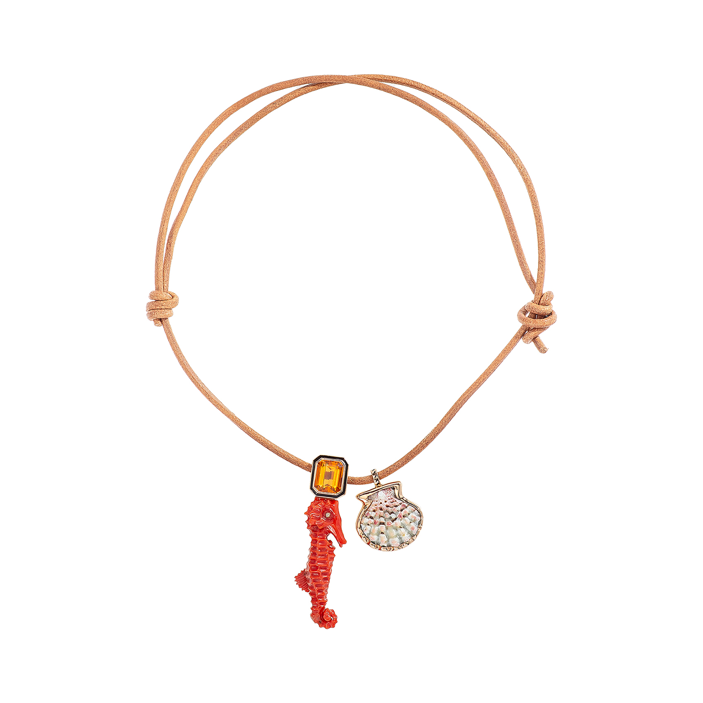 Dezso Leather Cord Necklace with Coral Seahorse Charm with Citrine and Natural Clam Shell Charm