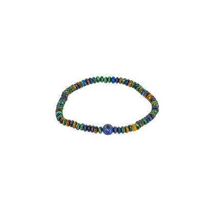 Luis Morais Large Gold Blue Enameled Ball Bead with Blue Sapphire Trillion On Gemstone Beaded Bracelet