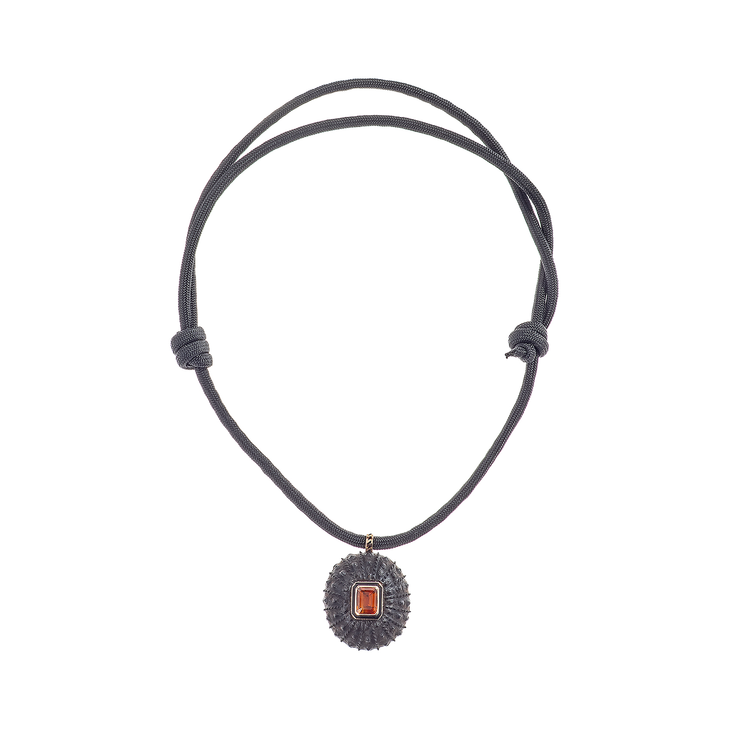 Dezso Black Cord Necklace with Grande Carved Ebony Wood Urchin Charm with Citrine