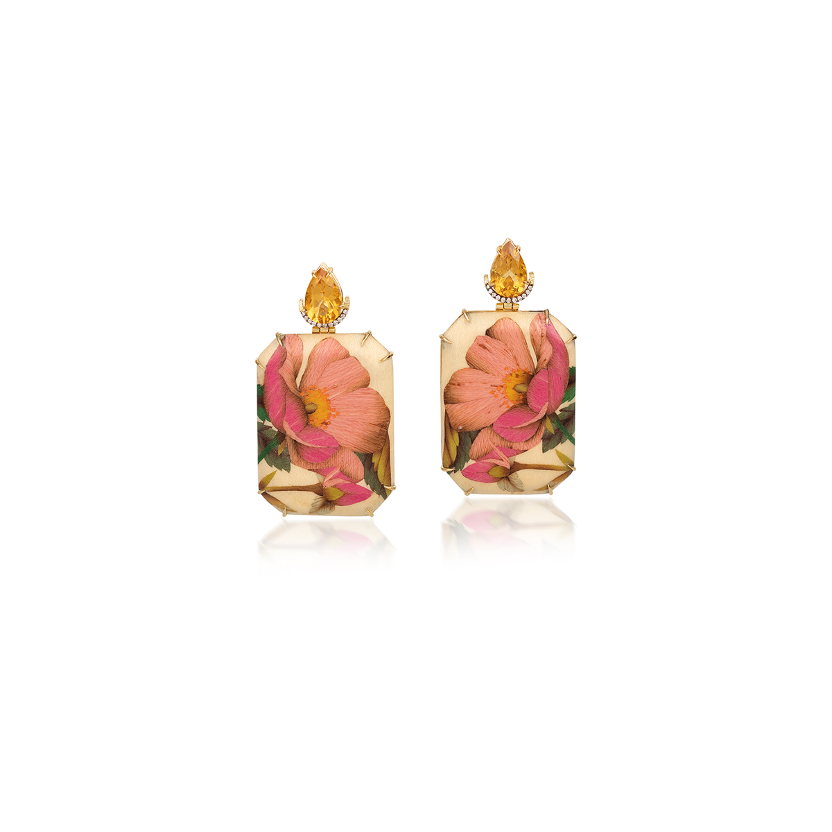 Silvia Furmanovich Octagonal Marquetry Pink Rose Earrings with Diamond and Citrine