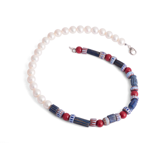 Sylva & Cie Trade Bead Necklace with Pearls, Jasper and Lapis