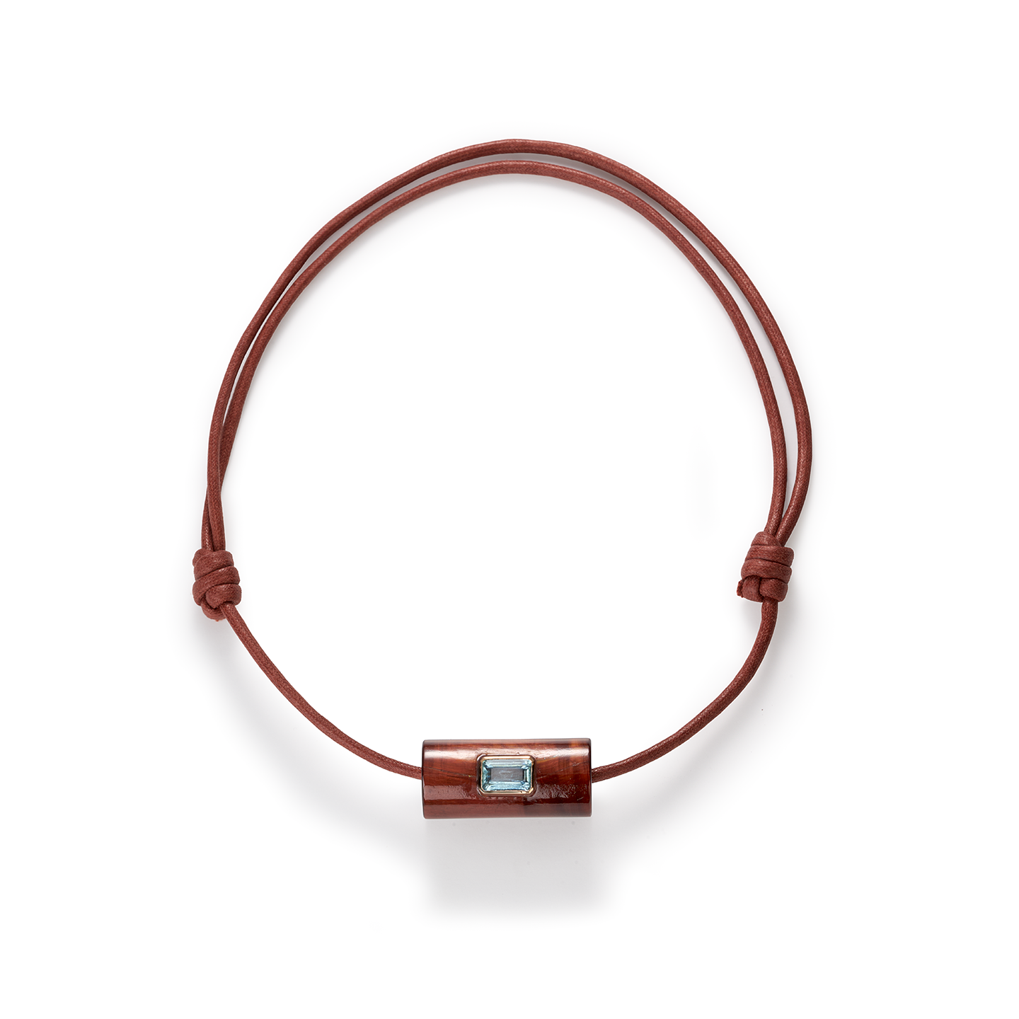 Dezso Long Red Tiger Eye Bead with Emerald Cut Aquamarine on Cord
