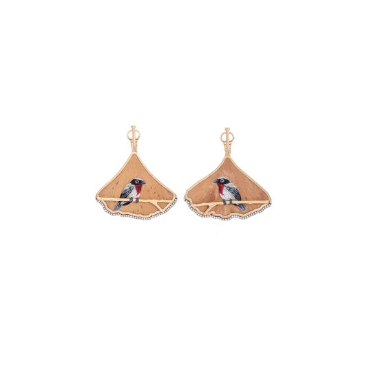 Silvia Furmanovich Natural Ginkgo Leaf Earrings with Diamonds and Embroidered Bird
