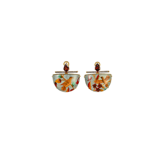 Silvia Furmanovich 'Silk Road' Marquetry Earrings with Bird Motif, Diamonds and Garnet