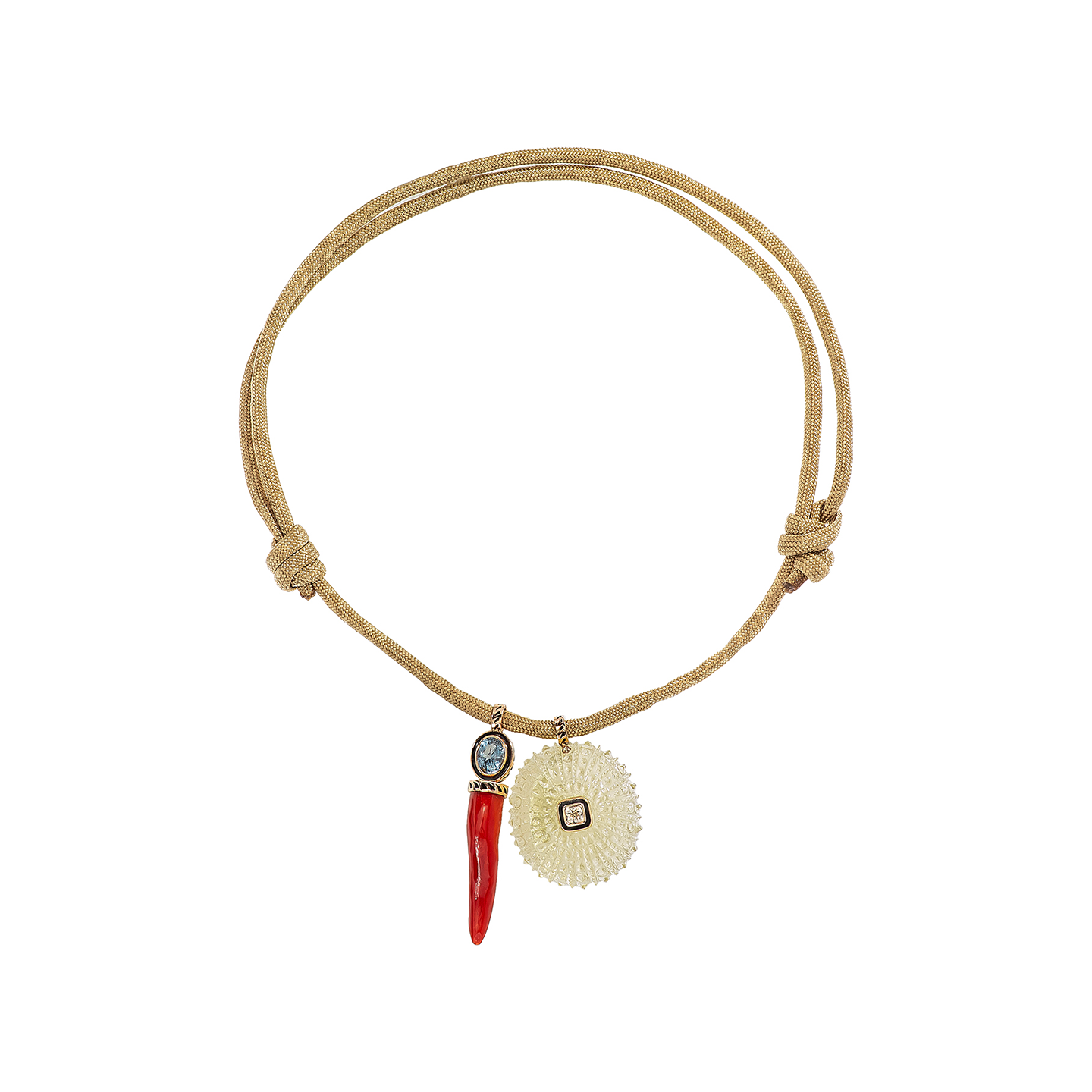 Dezso Tan Cord Necklace with Grande Carved Lemon Quartz Urchin Charm and Cornetto Charm with Sapphire