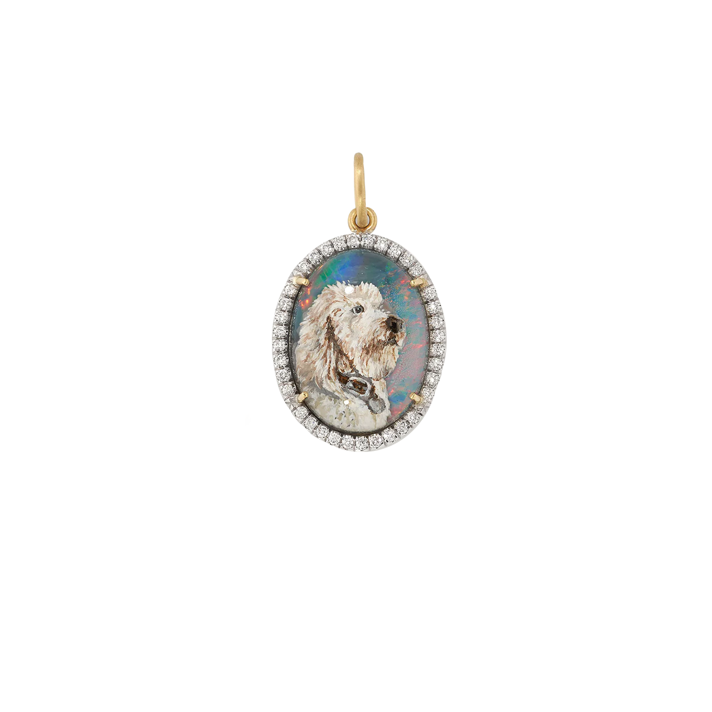 Irene Neuwirth Custom Pet Portrait Oval Charm- Diamond Pave Frame with Opal Backing