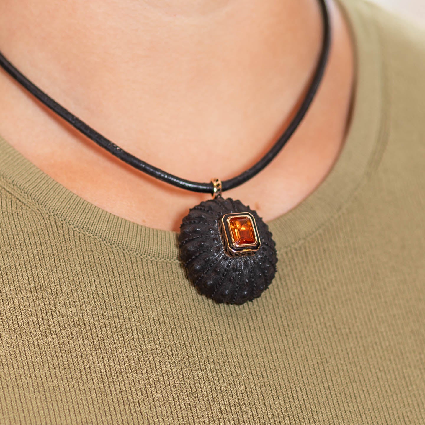 Dezso Grande Carved Ebony Wood Urchin Charm with Citrine