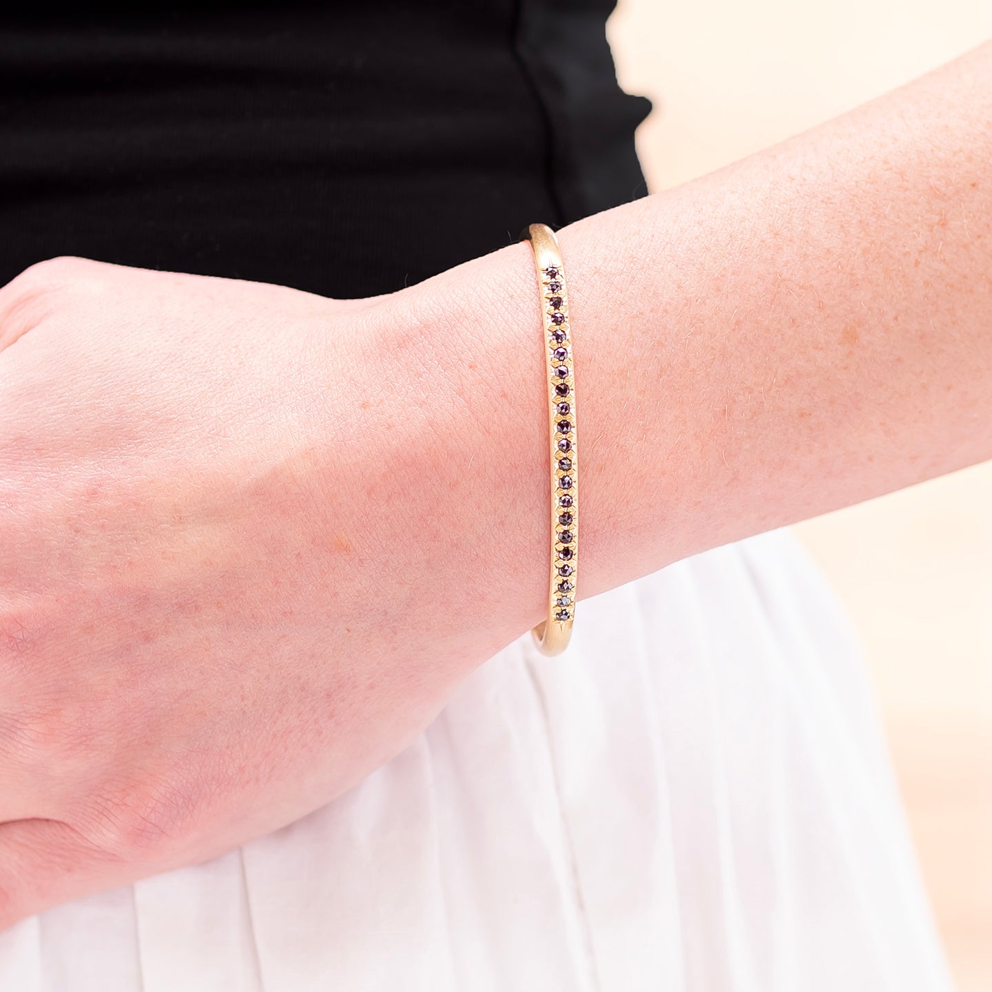 Caroline Ellen Narrow Rounded Cuff Bracelet with Black Diamonds