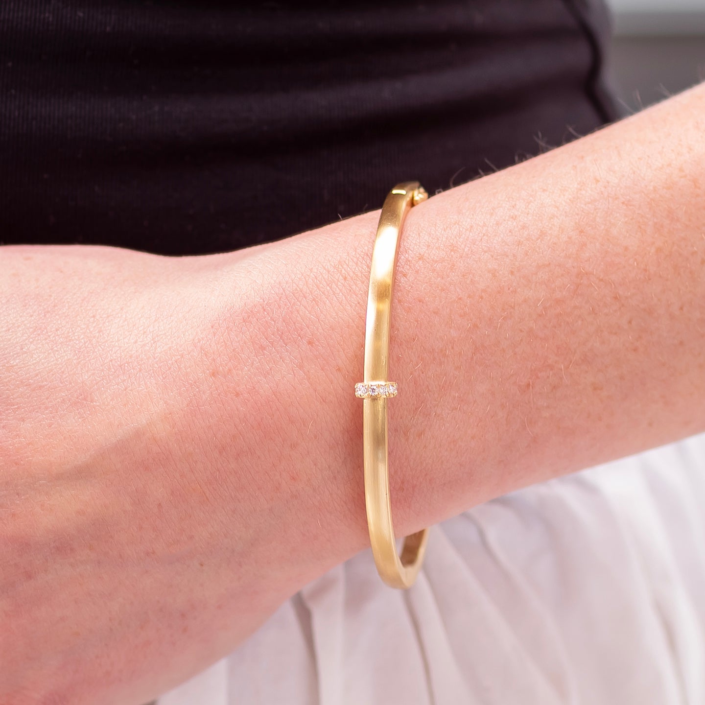 Caroline Ellen Rounded Hinge Bangle with Narrow Single Row Pave Diamonds