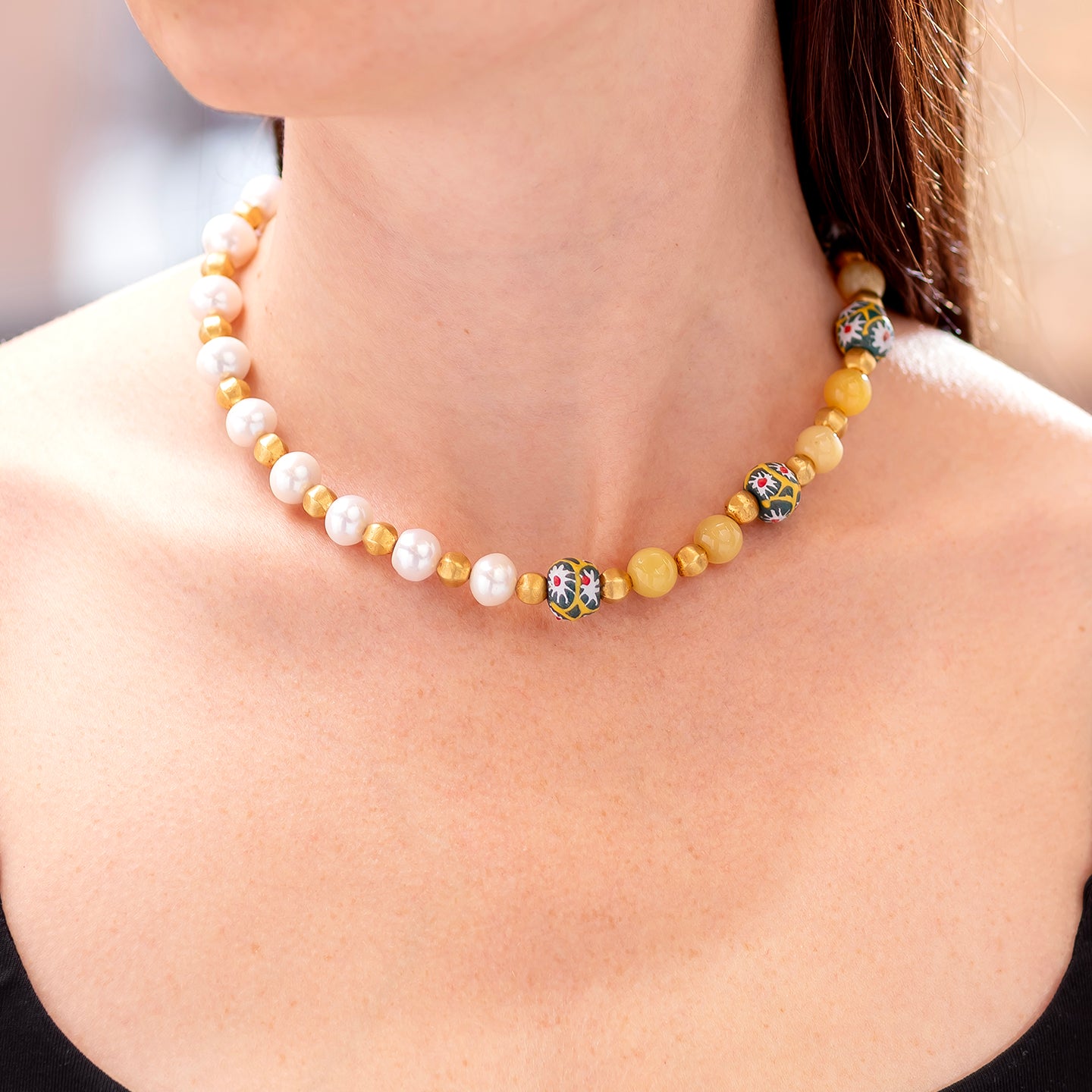 Sylva & Cie Murano Bead, Peruvian Opal, and Pearl Necklace