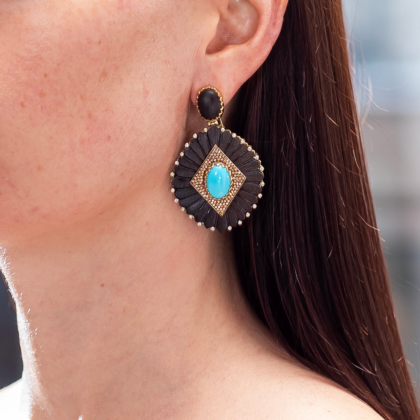 Silvia Furmanovich 'Around the World' Brauna Wood Earrings with Turquoise, Orange Sapphire, and Diamond
