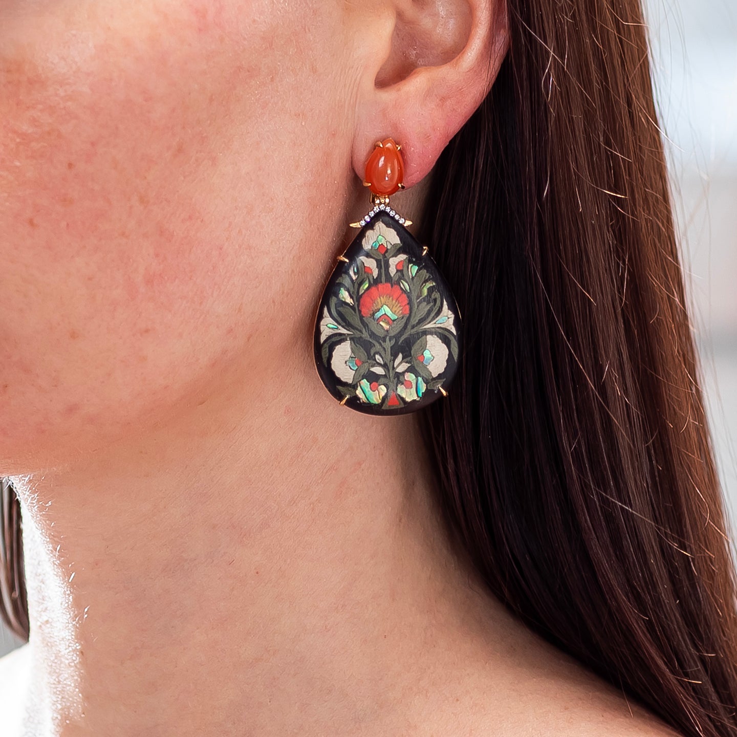 Silvia Furmanovich Marquetry Teardrop Earrings with Flower Print, Diamonds, and Carnelian