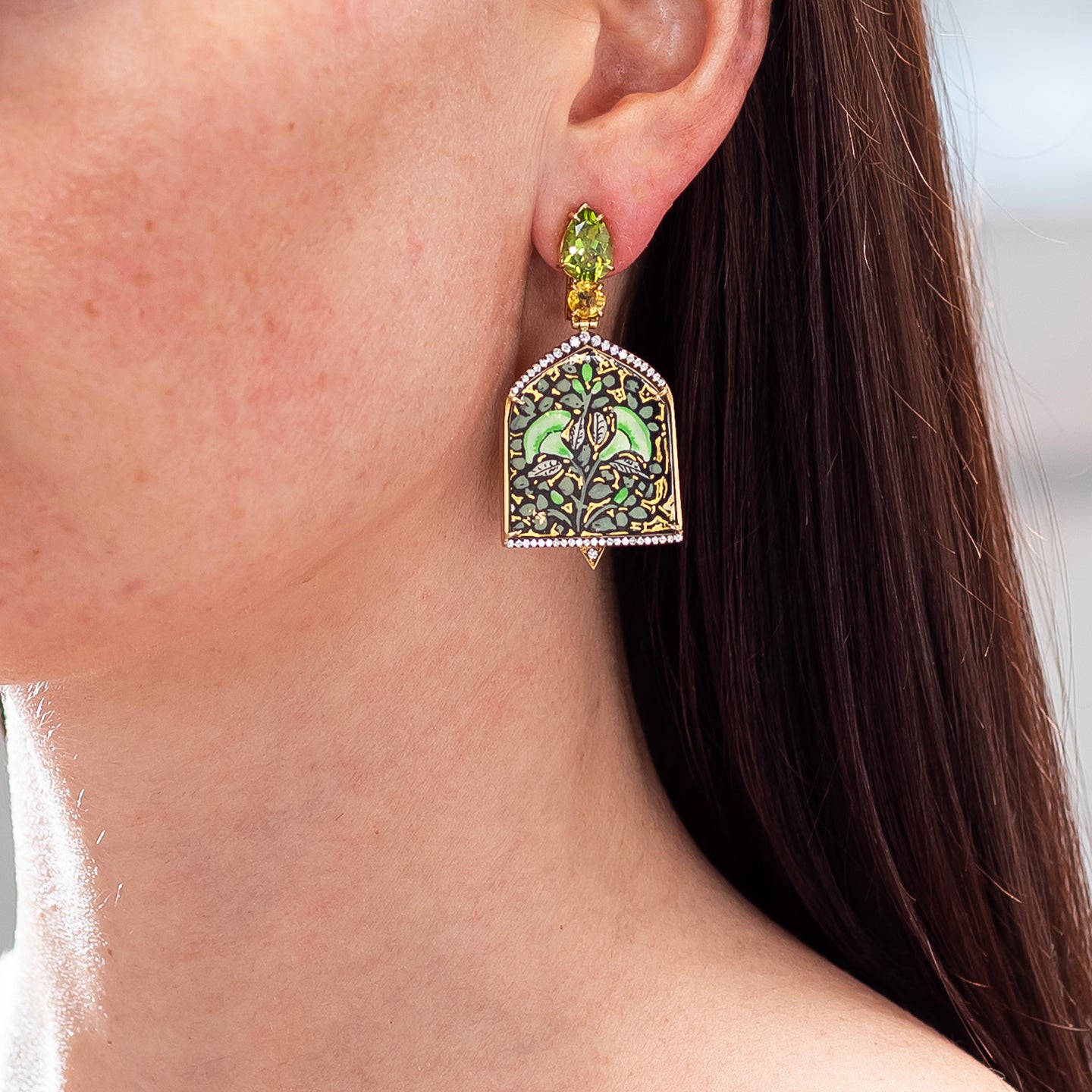 Silvia Furmanovich 'Kashmir' Paper Mache Window Earrings with Diamond, Peridot, and Yellow Sapphire