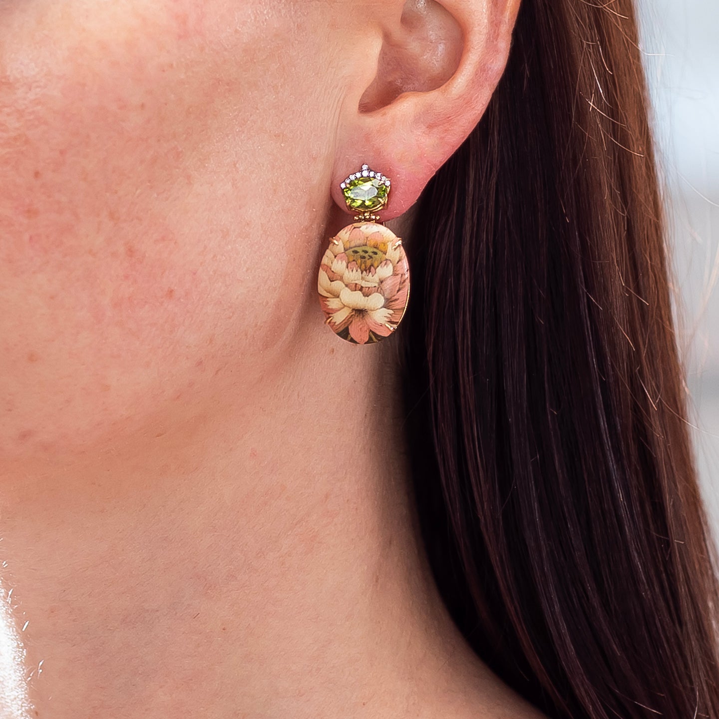 Silvia Furmanovich Marquetry Lotus Print Earrings with Diamond and Peridot