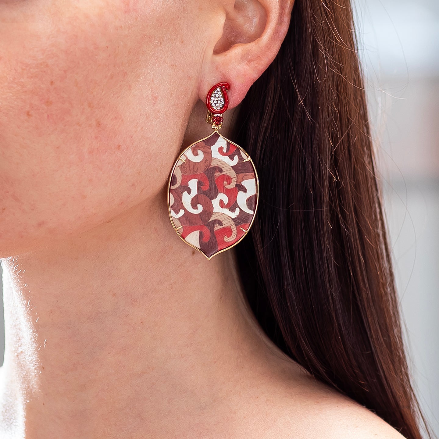 Silvia Furmanovich Marquetry Kashmir Print Earrings with Diamond, Garnet, and Pearl Inlay