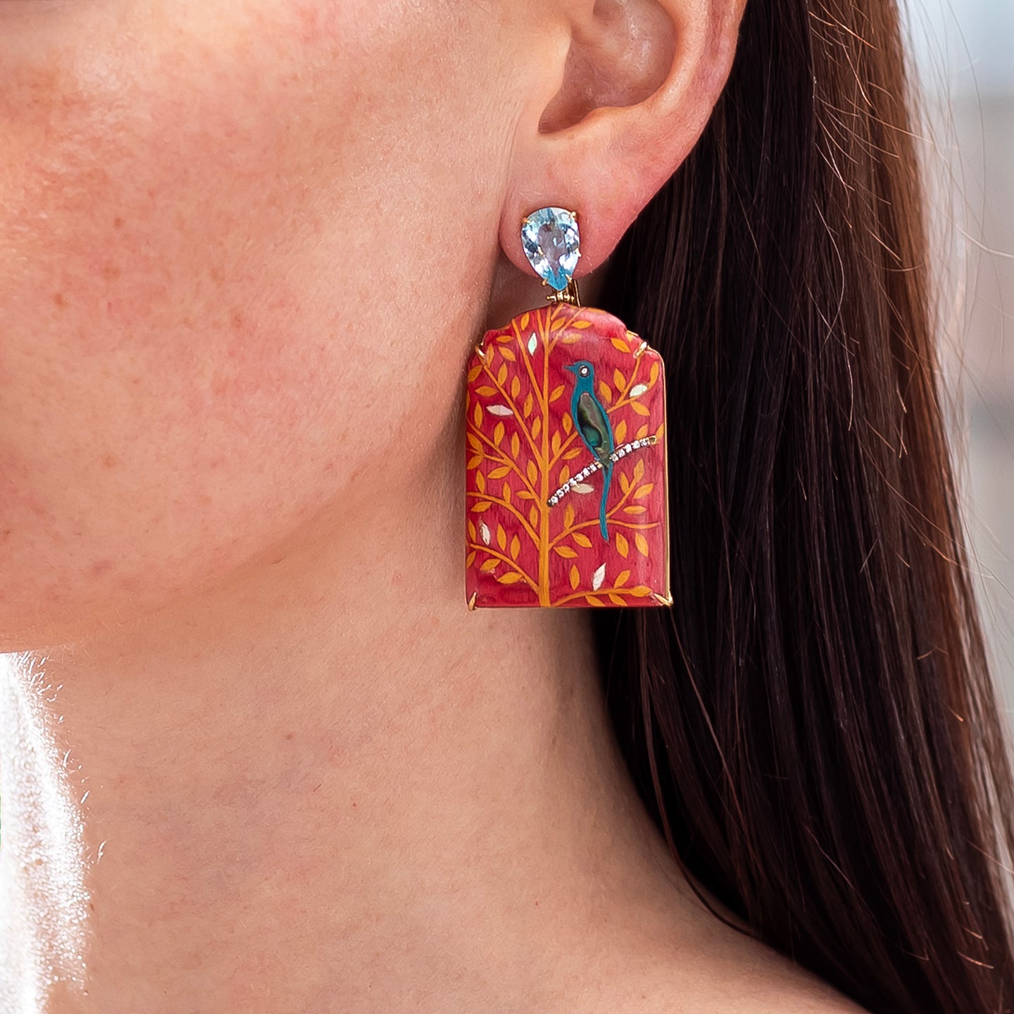 Silvia Furmanovich Marquetry Window Format Bird Print Earrings with Diamond and Topaz