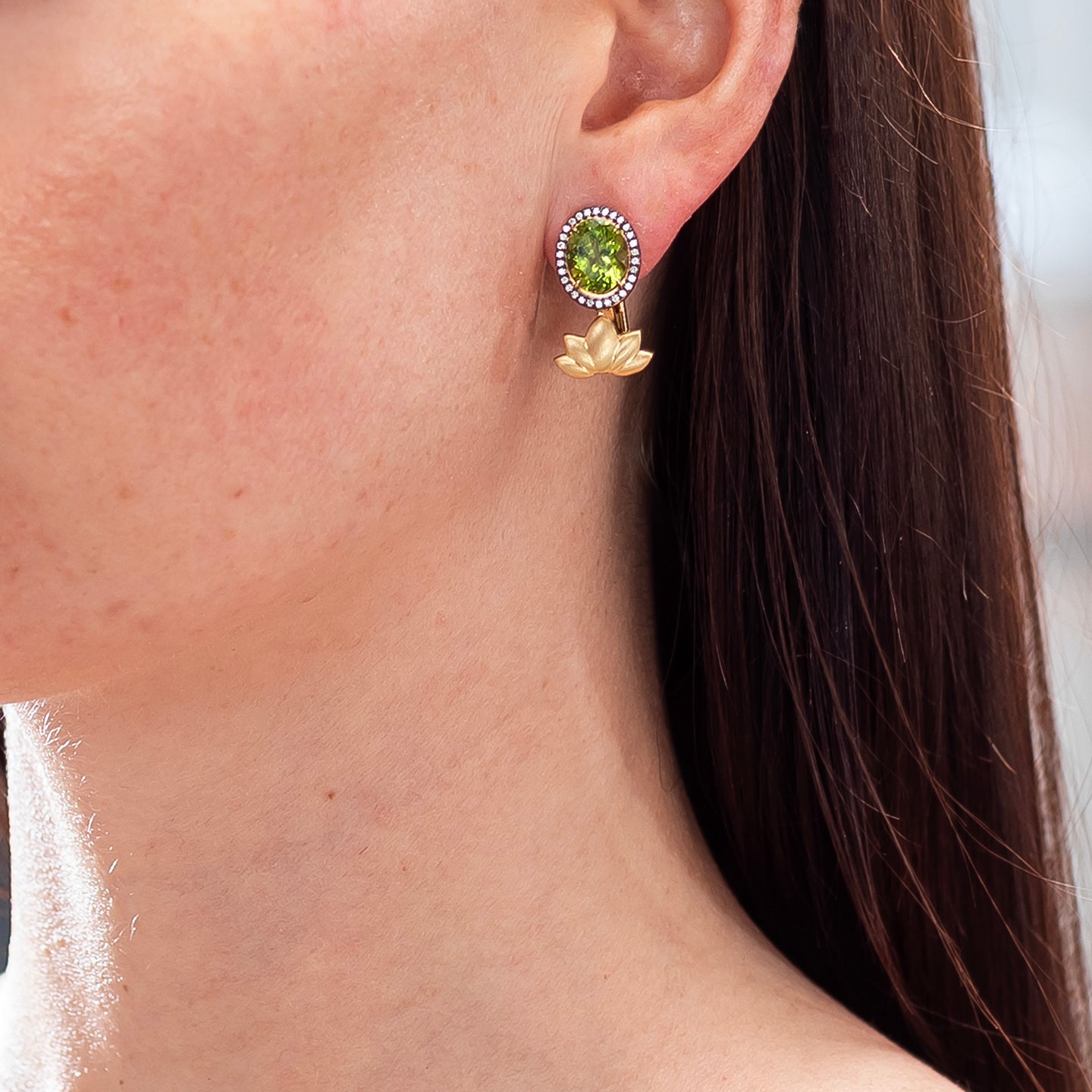 Silvia Furmanovich Double Sided Marquetry Lotus Earrings with Diamond and Peridot