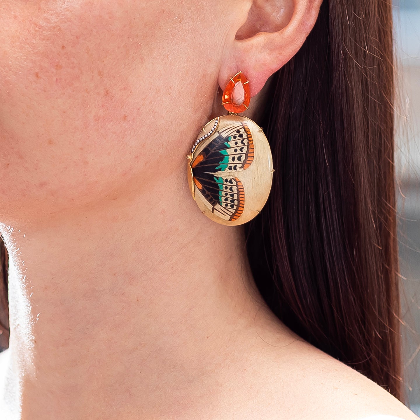 Silvia Furmanovich Marquetry Butterfly Earrings with Diamonds and Fire Opal